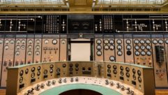 Restored semi-circle desk in Battersea Power Station