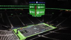 Xbox-themed court at Barclays Center with Xbox on display boards