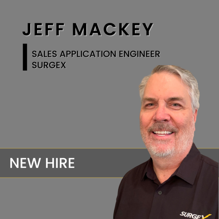 Jeff Mackey - a man wears a black polo with the SurgeX logo. Text introduces him as Jeff Mackey, new hire at SurgeX