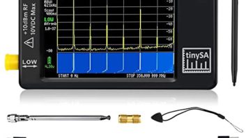 TinySA RF spectrum analyzer shown with accessories
