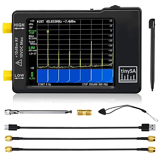 TinySA RF spectrum analyzer shown with accessories