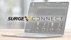 A photo of a laptop displays a logo for SurgeX Connect, with a web-based portal displayed in the background.