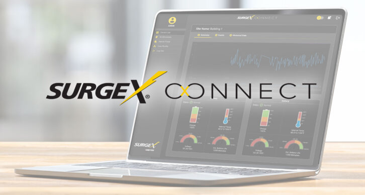 A photo of a laptop displays a logo for SurgeX Connect, with a web-based portal displayed in the background.