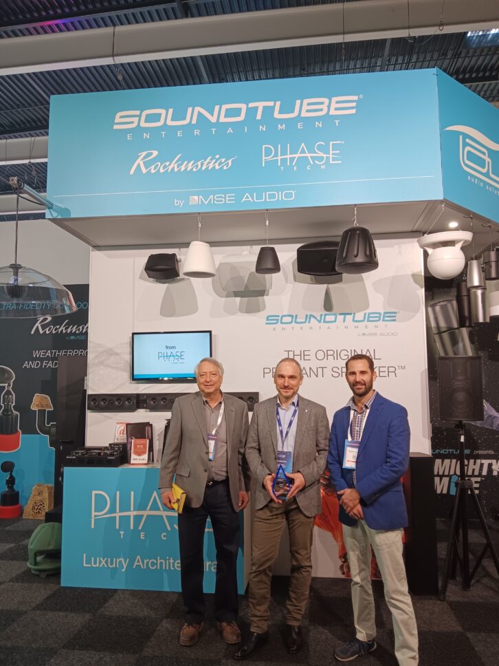 Ken Hecht, VP at SoundTube, with Stanislas Boivin-Champeaux from SIDEV SAS France and Shannon Humphrey, president of SoundTube