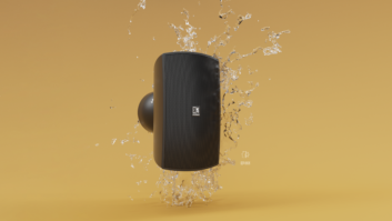 ATEOM series design loudspeakers by AUDAC being splashed by water on a gold background