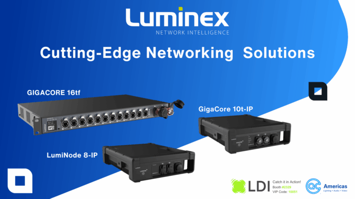 Luminex Network Intelligence banner showcasing three products—GIGACORE 16tf, LumiNode 8-IP, and GigaCore 10t-IP—against a blue background with text reading Cutting-Edge Networking Solutions.