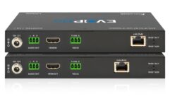 Front view of the Vanco EVO‑IP Go AV‑over‑IP transmitter and receiver units stacked together, showing HDMI input and output, analog audio breakout terminals, RS‑232 control ports, LAN with PoE support, and 12V power connections in a compact black metal chassis designed for simple plug‑and‑play AV distribution.