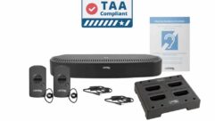 Composite of the ListenIR system featuring a transmitter/radiator, receivers, charging tray, ear loops, and signage. A graphic features the words TAA compliant in blue on a white background.