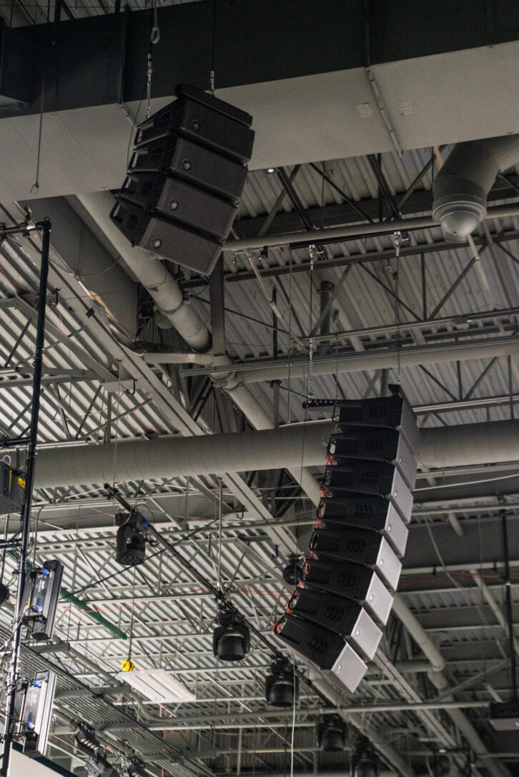 DAS Audio EVENT Series Line arrays hanging from the ceiling in Charis Christian Center