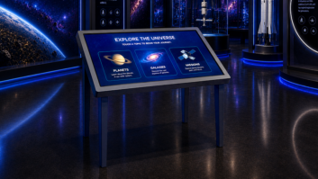 Touch screen table in a museum setting with planets on screen