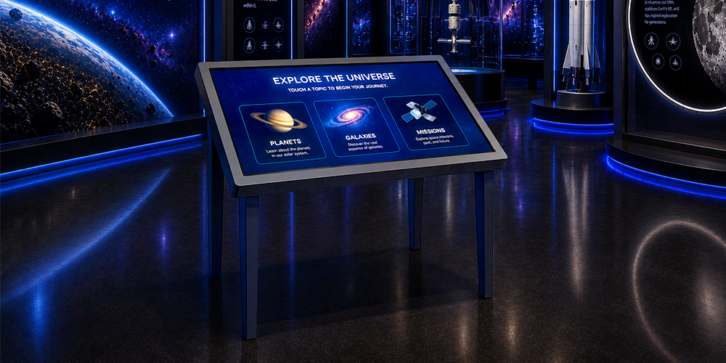 Touch screen table in a museum setting with planets on screen