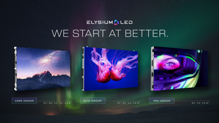 Elysium LED CORE, SLIM and PRO indoor LED display ranges showcasing three COB-based solutions for commercial and experiential environments.